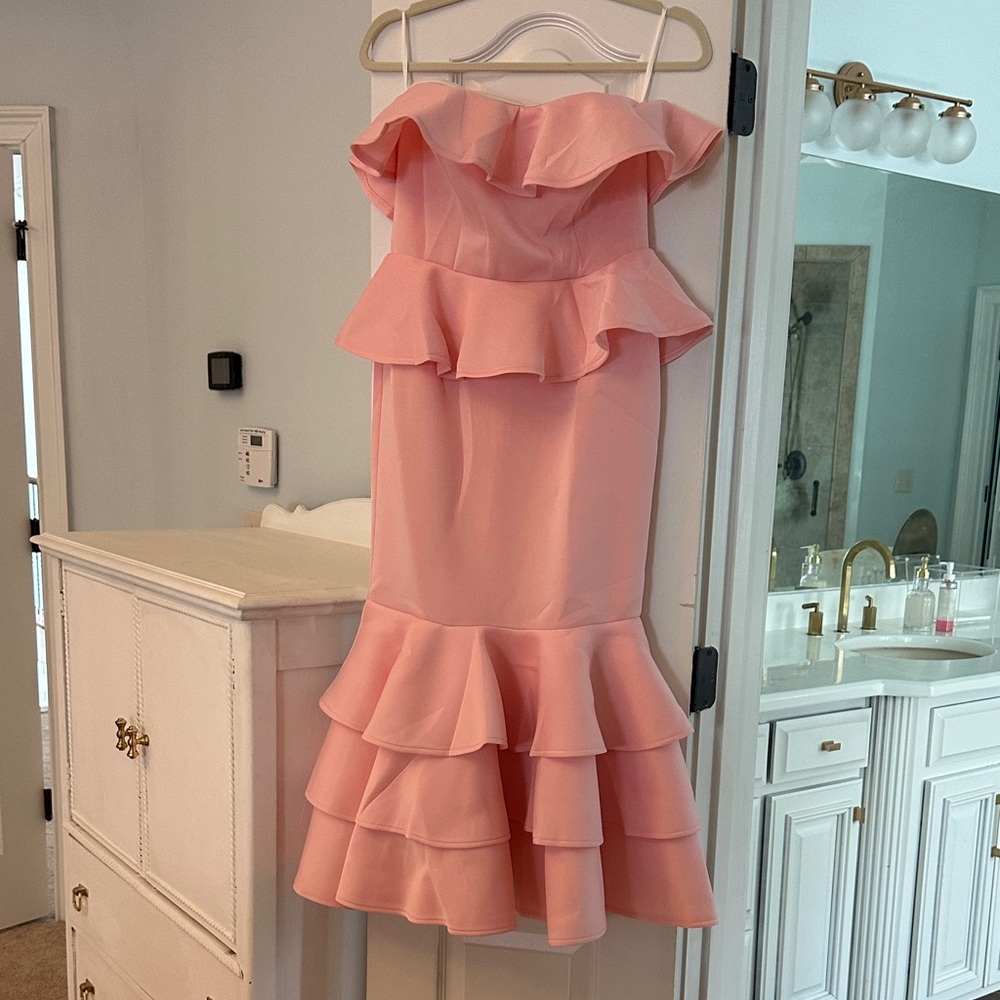 Pink Peplum Strapless Ruffled Dress Midi sz L